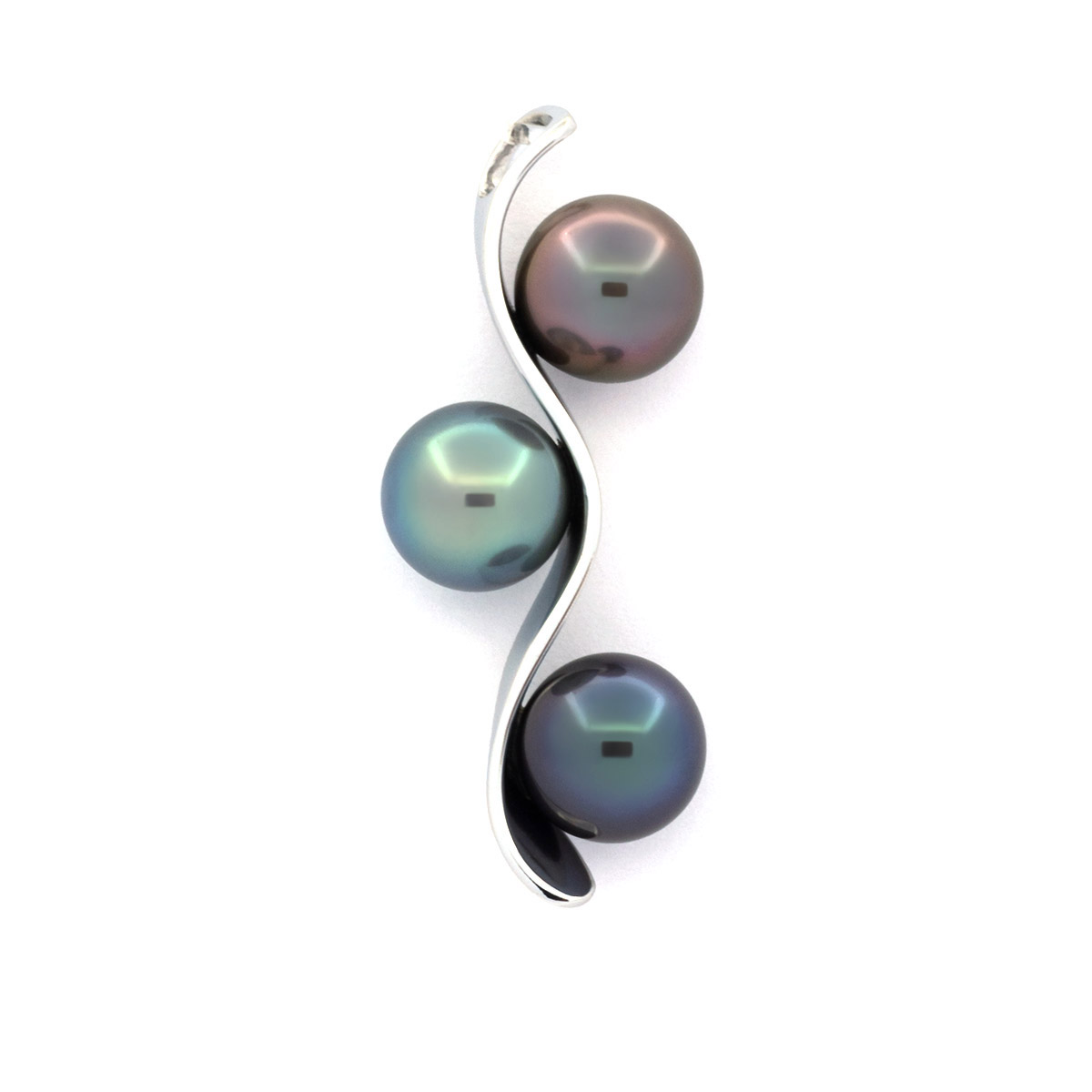 18K Solid White Gold Pendant and 3 Tahitian Pearls Round B+ from 8.7 to 8.8 mm