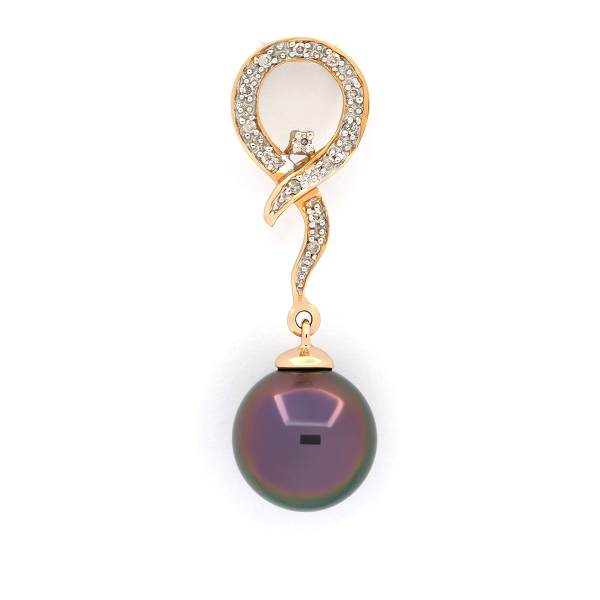 14K Solid Gold Pendant + 13 Diamonds and 1 Tahitian Pearl Round B 9.4 mm