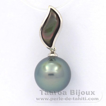 Rhodiated Sterling Silver Pendant and 1 Tahitian Pearl Round C 10.8 mm