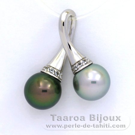 Rhodiated Sterling Silver Pendant and 2 Tahitian Pearls Round C 9.5 mm