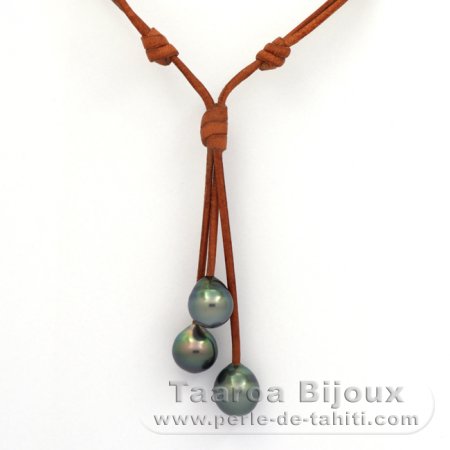 Leather Necklace and 3 Tahitian Pearls Semi-Baroque C from 10 to 10.4 mm