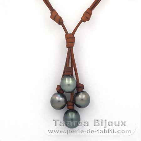 Leather Necklace and 4 Tahitian Pearls Semi-Baroque C from 12.6 to 13.7 mm