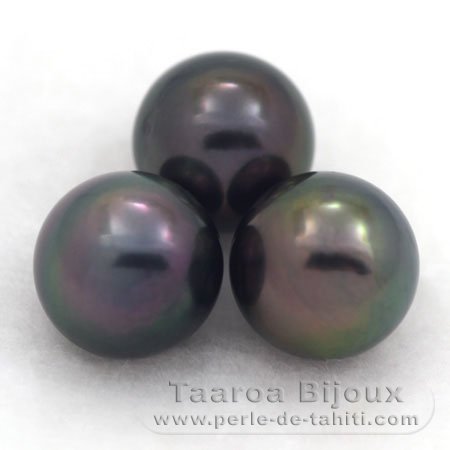 Lot of 3 Tahitian Pearls Semi-Round C from 9.6 to 9.7 mm