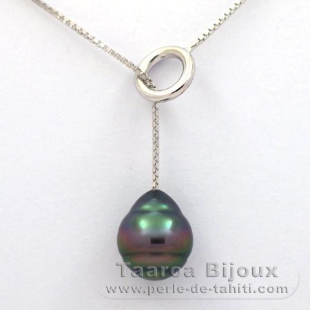 Rhodiated Sterling Silver Necklace and 1 Tahitian Pearl Ringed B 10.3 mm
