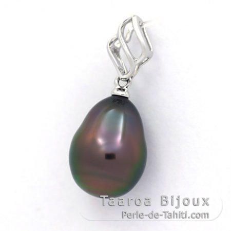 18K Solid White Gold Pendant and 1 Tahitian Pearl Semi-Baroque A 9.4 mm