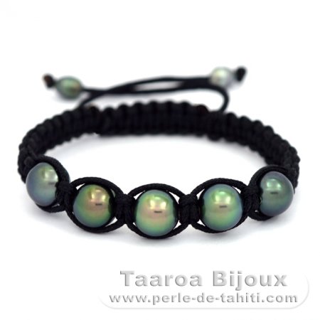 Nylon Bracelet, 5 Tahitian Pearls Round C from 9 to 9.4 mm and 2 Keishis