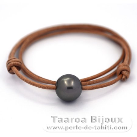 Leather Necklace and 1 Tahitian Pearl Round C 14 mm