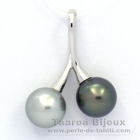 Rhodiated Sterling Silver Pendant and 2 Tahitian Pearls Round C 9.8 mm