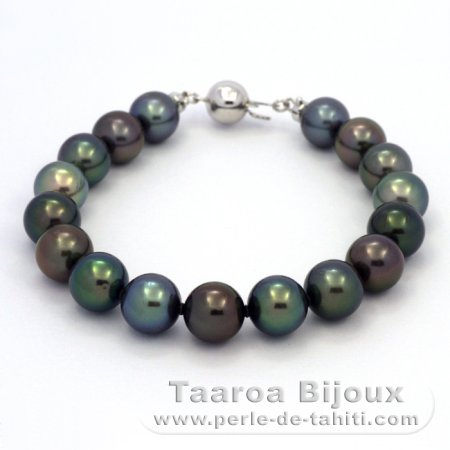 Rhodiated Sterling Silver Bracelet and 17 Tahitian Pearls Round C from 9 to 9.4 mm