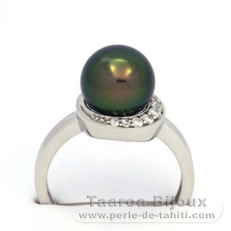 Rhodiated Sterling Silver Ring and 1 Tahitian Pearl Round C+ 9.2 mm