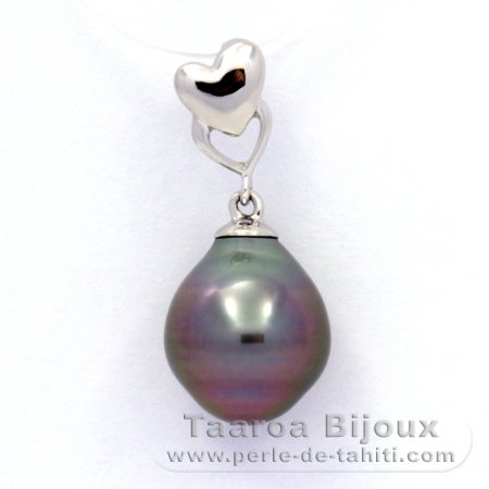 Rhodiated Sterling Silver Pendant and 1 Tahitian Pearl Semi-Baroque B 9.8 mm