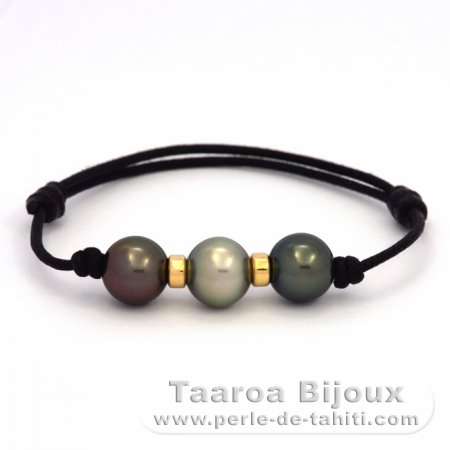 Waxed Cotton Bracelet and 3 Tahitian Pearls Semi-Round C from 10 to 10.3 mm