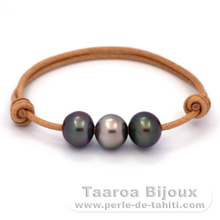 Leather Bracelet and 3 Tahitian Pearls Semi-Baroque B from 11 to 11.3 mm