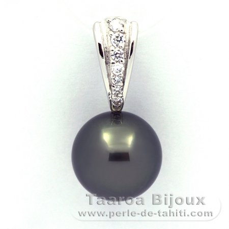 Rhodiated Sterling Silver Pendant and 1 Tahitian Pearl Round C 12.6 mm