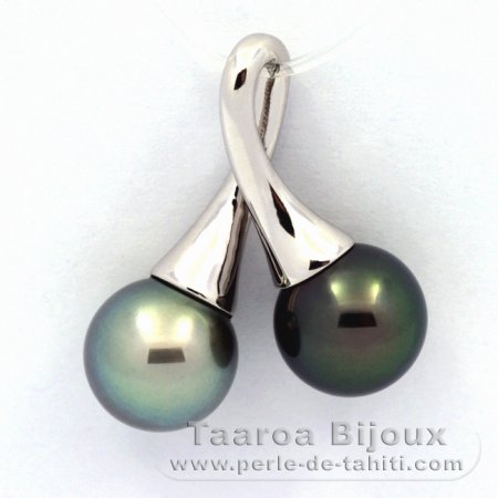 Rhodiated Sterling Silver Pendant and 2 Tahitian Pearls Round C 10 and 10.1 mm