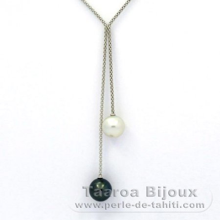 Rhodiated Sterling Silver Necklace and 2 Tahitian Pearls Round C 11.2 and 11.5 mm