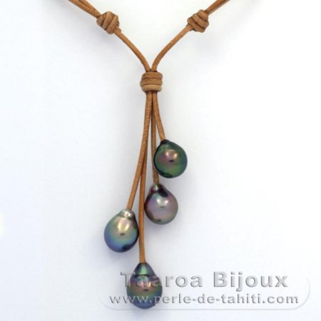 Leather Necklace and 4 Tahitian Pearls Semi-Baroque B+ from 10.1 to 10.5 mm