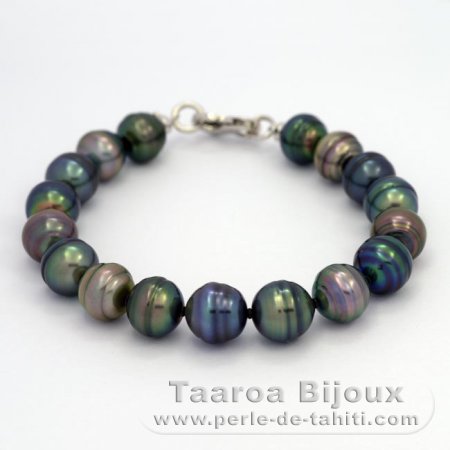 Rhodiated Sterling Silver Bracelet and 17 Tahitian Pearls Ringed C from 10 to 10.4 mm