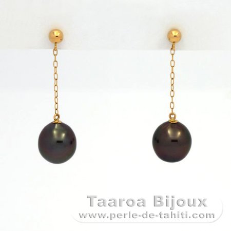 18K solid Gold Earrings and 2 Tahitian Pearls Semi-Baroque A 8 mm