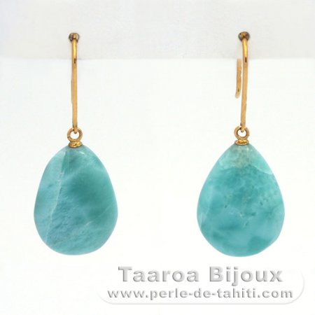 18K solid Gold Earrings and 2 Larimar - 16.5 x 12 x 5.5 mm - 3.44 gr