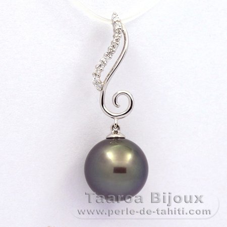 Rhodiated Sterling Silver Pendant and 1 Tahitian Pearl Round C 12.3 mm