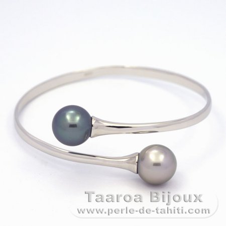 Rhodiated Sterling Silver Bracelet and 2 Tahitian Pearls Round C 11.6 mm