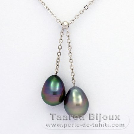 Rhodiated Sterling Silver Necklace and 2 Tahitian Pearls Semi-Baroque B 9.5 and 9.9 mm