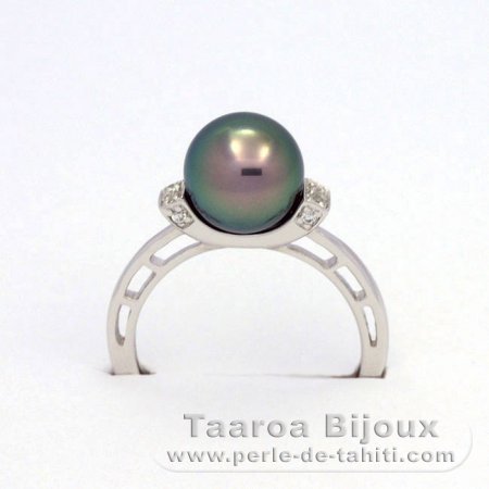 Rhodiated Sterling Silver Ring and 1 Tahitian Pearl Round B 8.8 mm