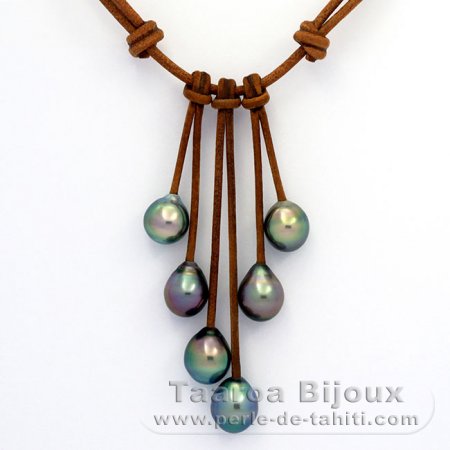 Leather Necklace and 6 Tahitian Pearls Semi-Baroque C from 9.6 to 9.9 mm