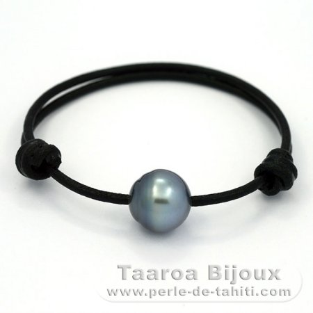 Leather Bracelet and 1 Tahitian Pearl Ringed C 13 mm