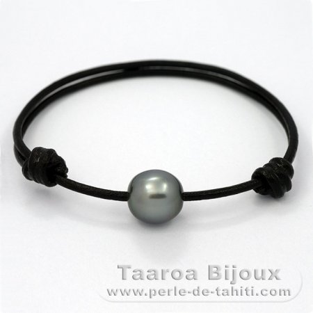 Leather Bracelet and 1 Tahitian Pearl Semi-Baroque C 11.8 mm