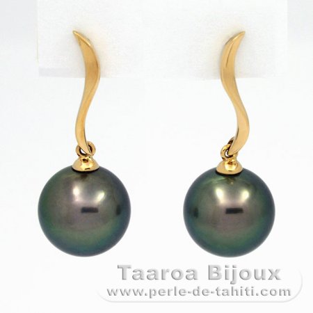 18K solid Gold Earrings and 2 Tahitian Pearls Round B 10.4 mm