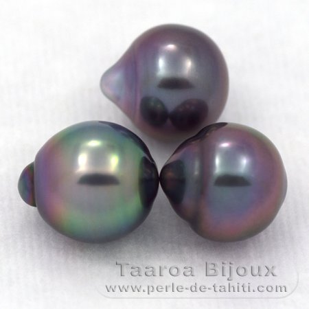 Lot of 3 Tahitian Pearls Semi-Baroque B from 9 to 9.2 mm