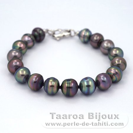 17 Tahitian Pearls Ringed B from 9.8 to 10.5 mm Bracelet and Rhodiated Sterling Silver