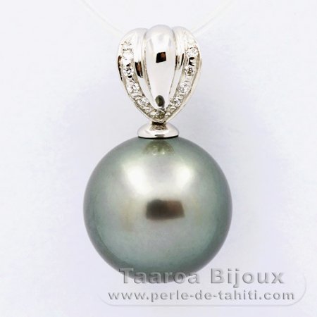 Rhodiated Sterling Silver Pendant and 1 Tahitian Pearl Round C 13.8 mm