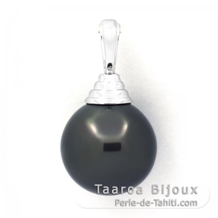 Rhodiated Sterling Silver Pendant and 1 Tahitian Pearl Round C 12.7 mm