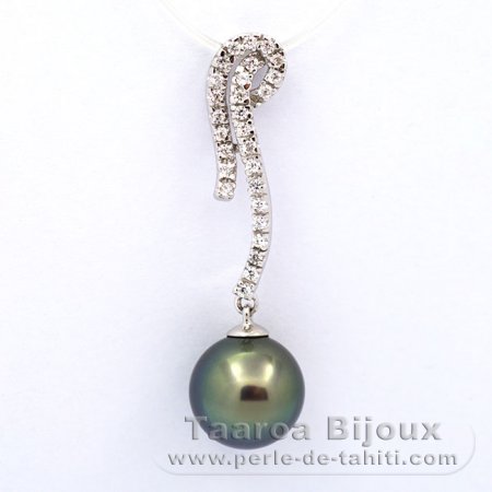 Rhodiated Sterling Silver Pendant and 1 Tahitian Pearl Round C 10.2 mm