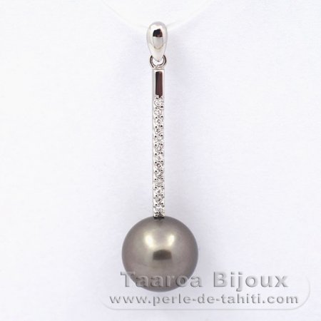 Rhodiated Sterling Silver Pendant and 1 Tahitian Pearl Round C 10.8 mm