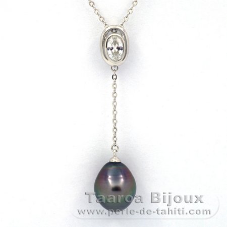 Rhodiated Sterling Silver Necklace and 1 Tahitian Pearl Semi-Baroque B 10.3 mm