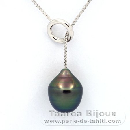 Rhodiated Sterling Silver Necklace and 1 Tahitian Pearl Semi-Baroque B 11.2 mm