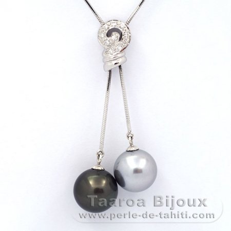 Rhodiated Sterling Silver Necklace and 2 Tahitian Pearls Round C+ 11.5 and 11.8 mm