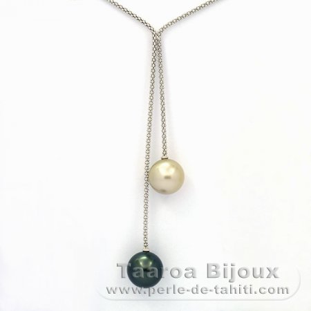 Rhodiated Sterling Silver Necklace and 2 Tahitian Pearls Round C 12.3 and 12.5 mm