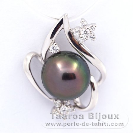 Rhodiated Sterling Silver Pendant and 1 Tahitian Pearl Round C 9.6 mm