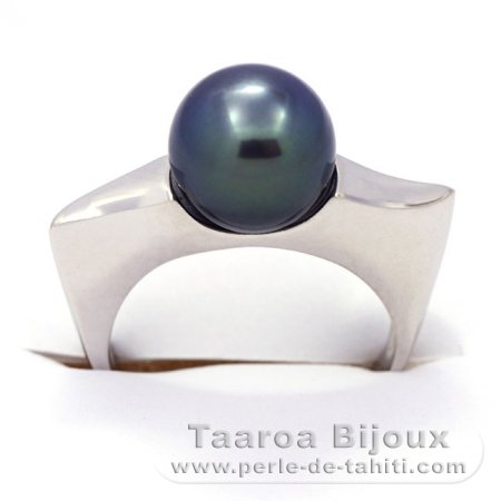 Rhodiated Sterling Silver Ring and 1 Tahitian Pearl Round B+ 9.3 mm