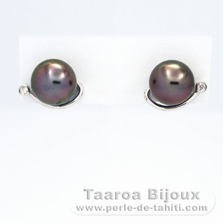 Rhodiated Sterling Silver Earrings and 2 Tahitian Pearls Round C 9.2 mm