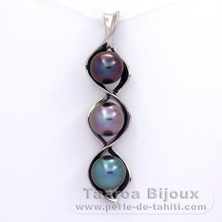 Rhodiated Sterling Silver Pendant and 3 Tahitian Pearls Semi-Baroque B  9 to 9.4 mm