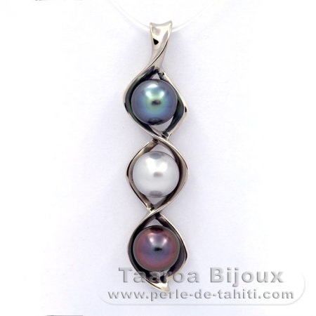 Rhodiated Sterling Silver Pendant and 3 Tahitian Pearls Semi-Baroque B+  8.9 to 9 mm