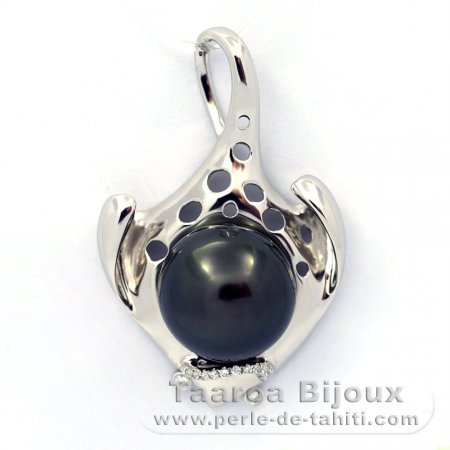 Rhodiated Sterling Silver Pendant and 1 Tahitian Pearl Near-Round C 13 mm