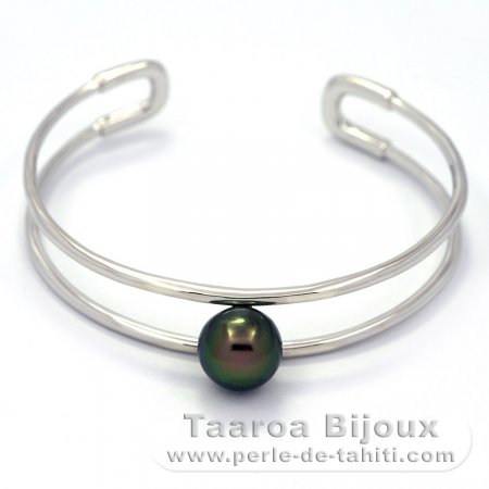 Rhodiated Sterling Silver Bracelet and 1 Tahitian Pearl Round C+ 10.5 mm