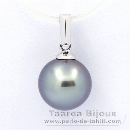 18K Solid White Gold Pendant and 1 Tahitian Pearl Round B 9.2 mm
